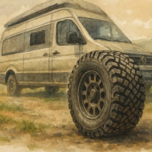 Aquarellgrafik: VW Grand California mit AT-Reifen