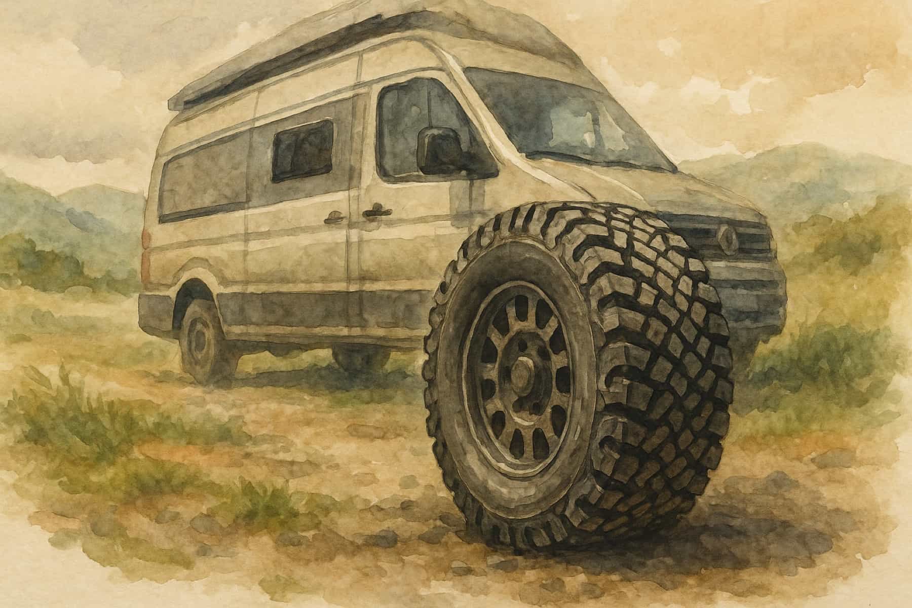 Aquarellgrafik: VW Grand California mit AT-Reifen