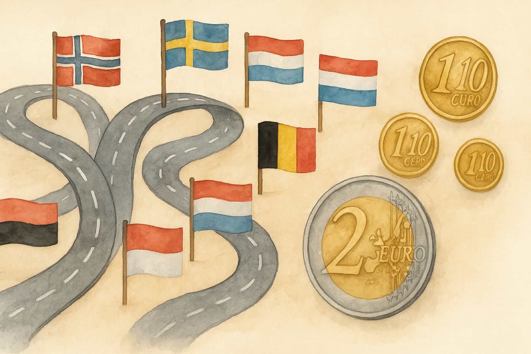 Aquarellgrafik zu Mautsystemen in Nord-Ost- und Westeuropa