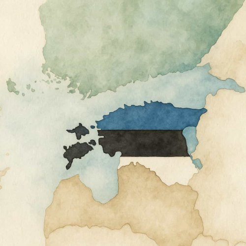 Aquarellgrafik einer Landkarte mit Estland zwischen Skandinavien und Osteuropa 