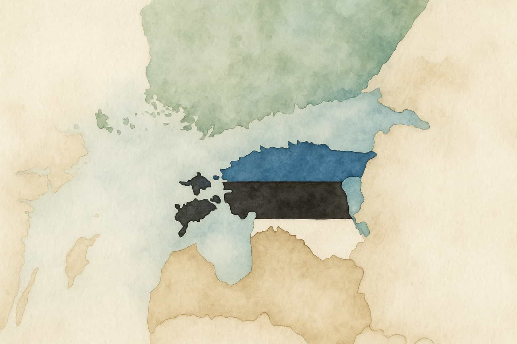 Aquarellgrafik einer Landkarte mit Estland zwischen Skandinavien und Osteuropa 
