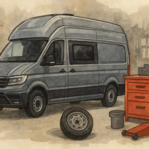 Aquarellgrafik: VW Grand California in einer Werkstattszene