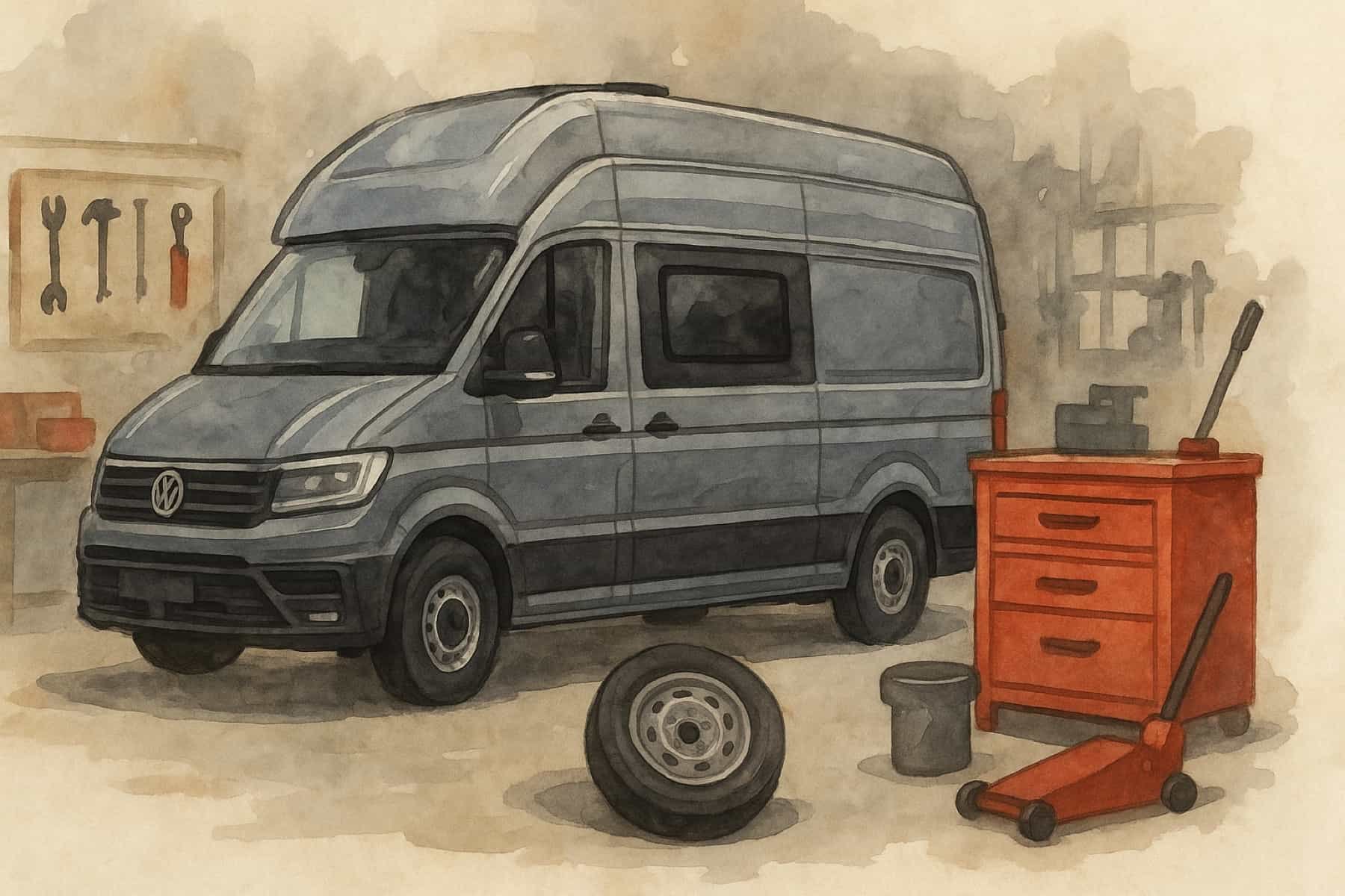 Aquarellgrafik: VW Grand California in einer Werkstattszene